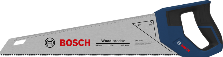 Gergaji tangan Bosch 450 mm 11 TPI untuk pemotongan kayu yang presisi.