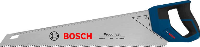 Gergaji tangan Bosch 550 mm 7 TPI untuk memotong kayu.
