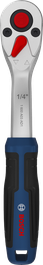 Kunci ratchet Bosch 1/4 inci dengan 72 gigi dan pegangan ergonomis.