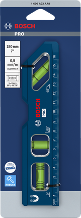 Bosch PRO Billet Torpedo Level 180 mm dengan penggaris.