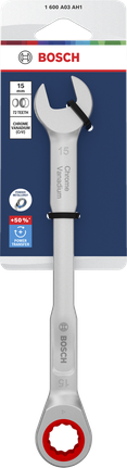 Kunci kombinasi ratchet Bosch 15 mm krom vanadium.