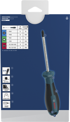 Set obeng Bosch PH/PZ/SL isi 6 buah dengan gagang krom vanadium.