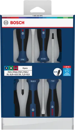 Set obeng Bosch 6 buah dengan gagang krom vanadium.