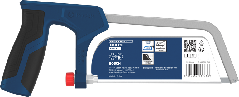 Gergaji besi Bosch 150 mm dengan pegangan ergonomis.