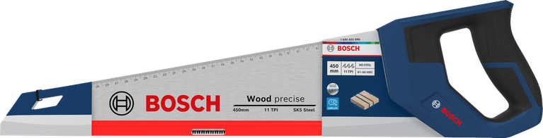 Gergaji tangan Bosch 450 mm 11 TPI untuk pemotongan kayu yang presisi.