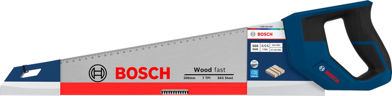 Gergaji tangan Bosch 500 mm 7 TPI untuk memotong kayu.