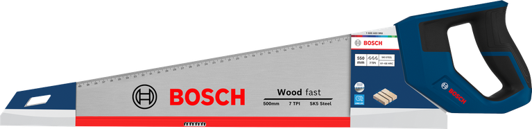 Gergaji tangan Bosch 550 mm 7 TPI untuk pemotongan kayu cepat.