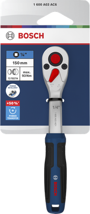 Kunci ratchet Bosch 1/4 inci dengan 72 gigi, panjang 150 mm.