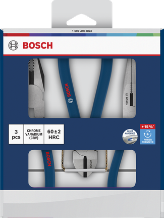 Set tang Bosch isi 3 buah dengan gagang anti selip berlapis.