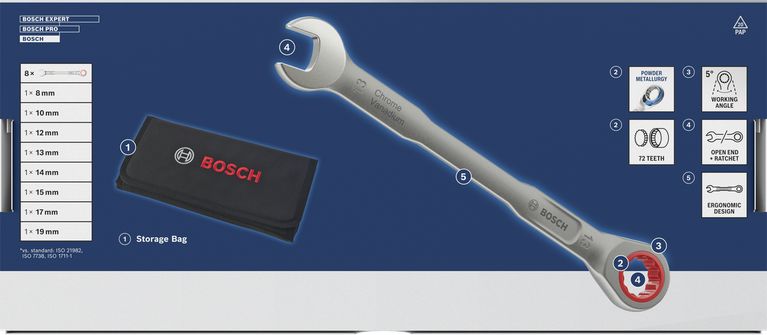 Set kunci kombinasi ratchet Bosch 8-19 mm dengan tas penyimpanan.