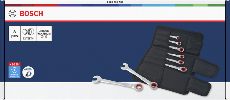 Set kunci kombinasi ratchet Bosch 8-19 mm, 8 buah dengan torsi +50%.
