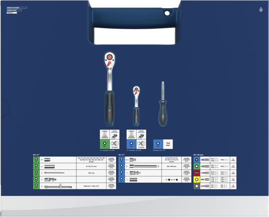 Set Kunci Ratchet Bosch 1/4" + 1/2" isi 80 buah beserta aksesorisnya.