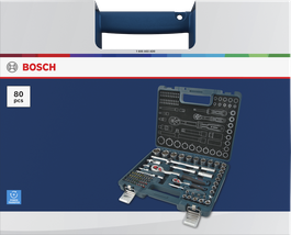 Set kunci ratchet Bosch 1/4" + 1/2", 80 buah dalam kotak.