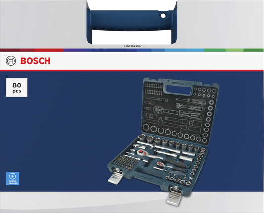 Set kunci ratchet Bosch 1/4" + 1/2", 80 buah dalam kotak.