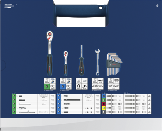 Set Perkakas Tangan Bosch 134 buah lengkap dengan ratchet dan kunci heksagonal.