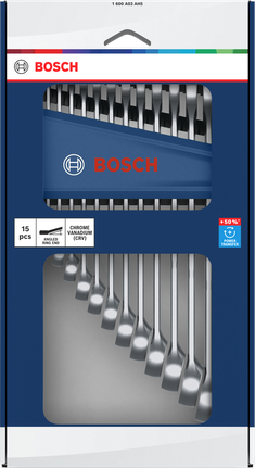 Set kunci kombinasi Bosch 15 buah, 6-21 mm, torsi +50%.