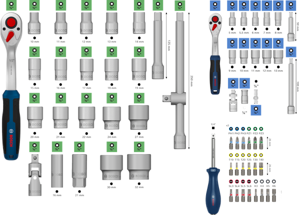 Set ratchet Bosch 1/4" + 1/2" isi 80 buah dengan soket dan mata obeng.