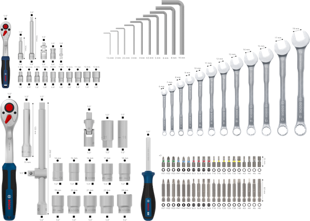 Set perkakas tangan Bosch lengkap 134 buah, termasuk kunci soket dan mata bor.