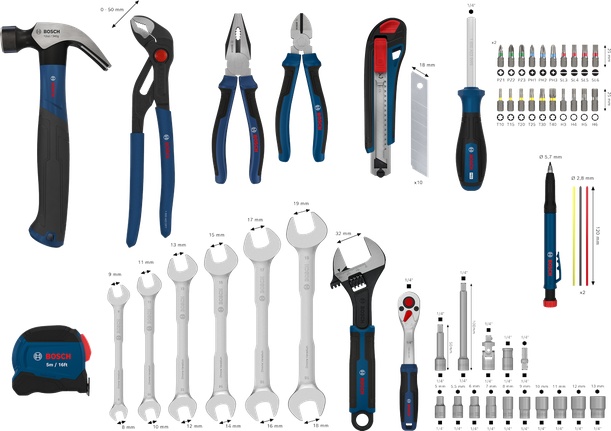Set Perkakas Tangan Bosch 89 buah dengan berbagai macam kunci pas dan obeng.