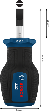 Obeng pendek Bosch PRO SL 1.2 x 6.5 dengan pegangan ergonomis.