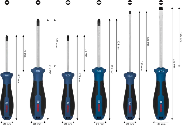 Set obeng Bosch PH/PZ/SL, 6 buah dengan gagang krom vanadium.