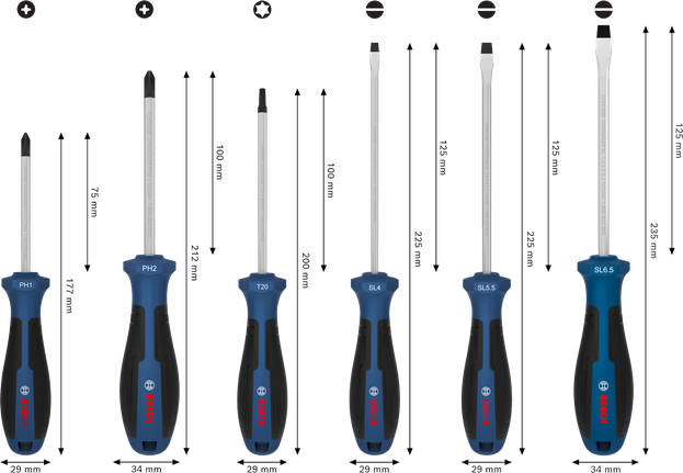 Set obeng Bosch 6 buah dengan gagang krom vanadium.