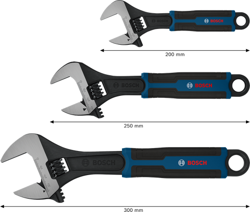 Set kunci pas Bosch yang dapat disetel 150 200 250 mm, 3 buah.