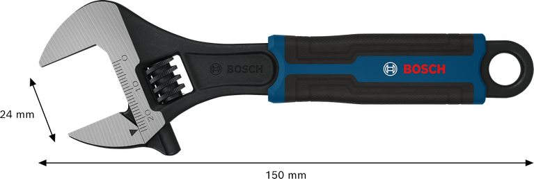Kunci pas Bosch yang dapat disetel 150 mm dengan bukaan 24 mm.