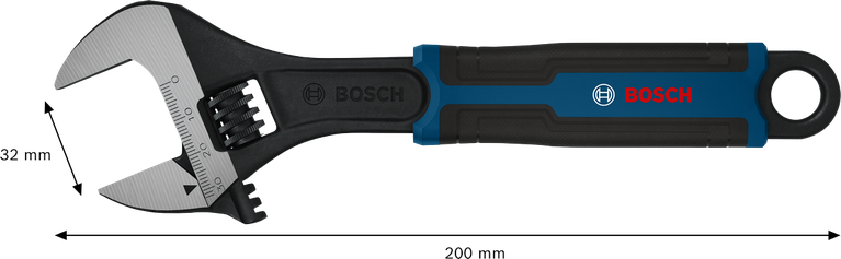 Kunci pas Bosch yang dapat disetel 200 mm dengan bukaan rahang 32 mm.