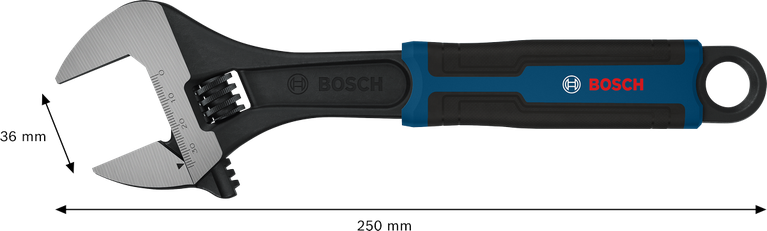 Kunci pas Bosch yang dapat disetel 250 mm dengan bukaan 36 mm.