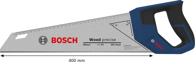 Gergaji tangan Bosch 400 mm 11 TPI untuk memotong kayu.