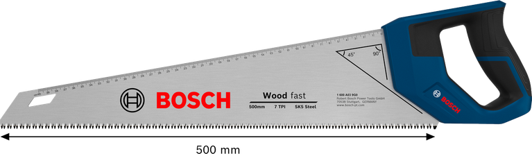 Gergaji tangan Bosch 500 mm 7 TPI untuk pemotongan kayu cepat.