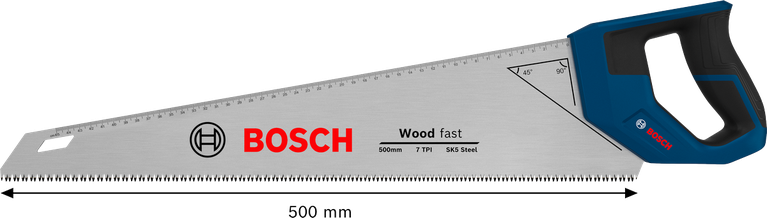 Gergaji tangan Bosch 550 mm dengan 7 TPI untuk memotong kayu.