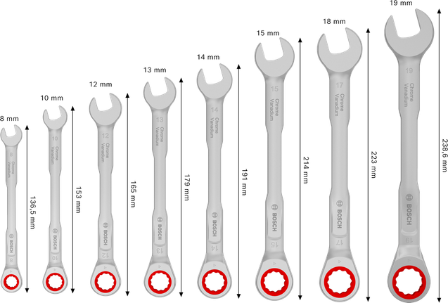 Set kunci kombinasi ratchet Bosch 8-19 mm, torsi +50%.