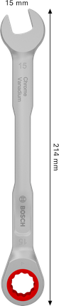 Kunci kombinasi ratchet Bosch 15 mm dengan krom vanadium.