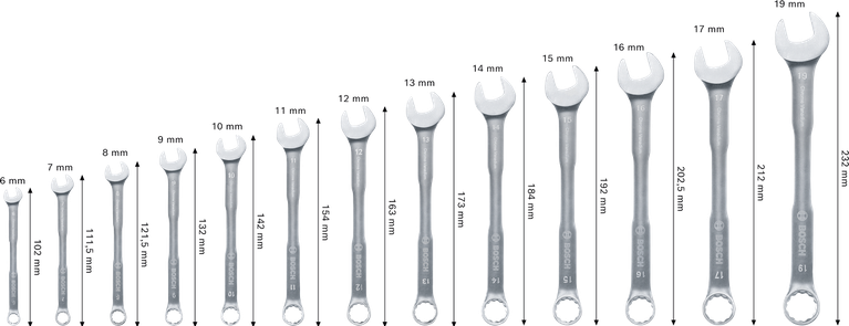 Set Kunci Kombinasi Bosch 6-19 mm, 12 buah, torsi +50%.