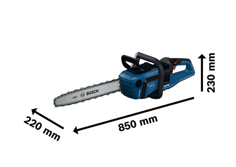 Gergaji rantai tanpa kabel Bosch GKE 18V-40 beserta dimensinya.