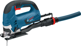 Gergaji ukir Bosch GST 90 BE dengan alat penyedot debu.
