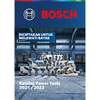 Katalog alat Bosch Professional dengan latar belakang biru dan alat teratur di atasnya.